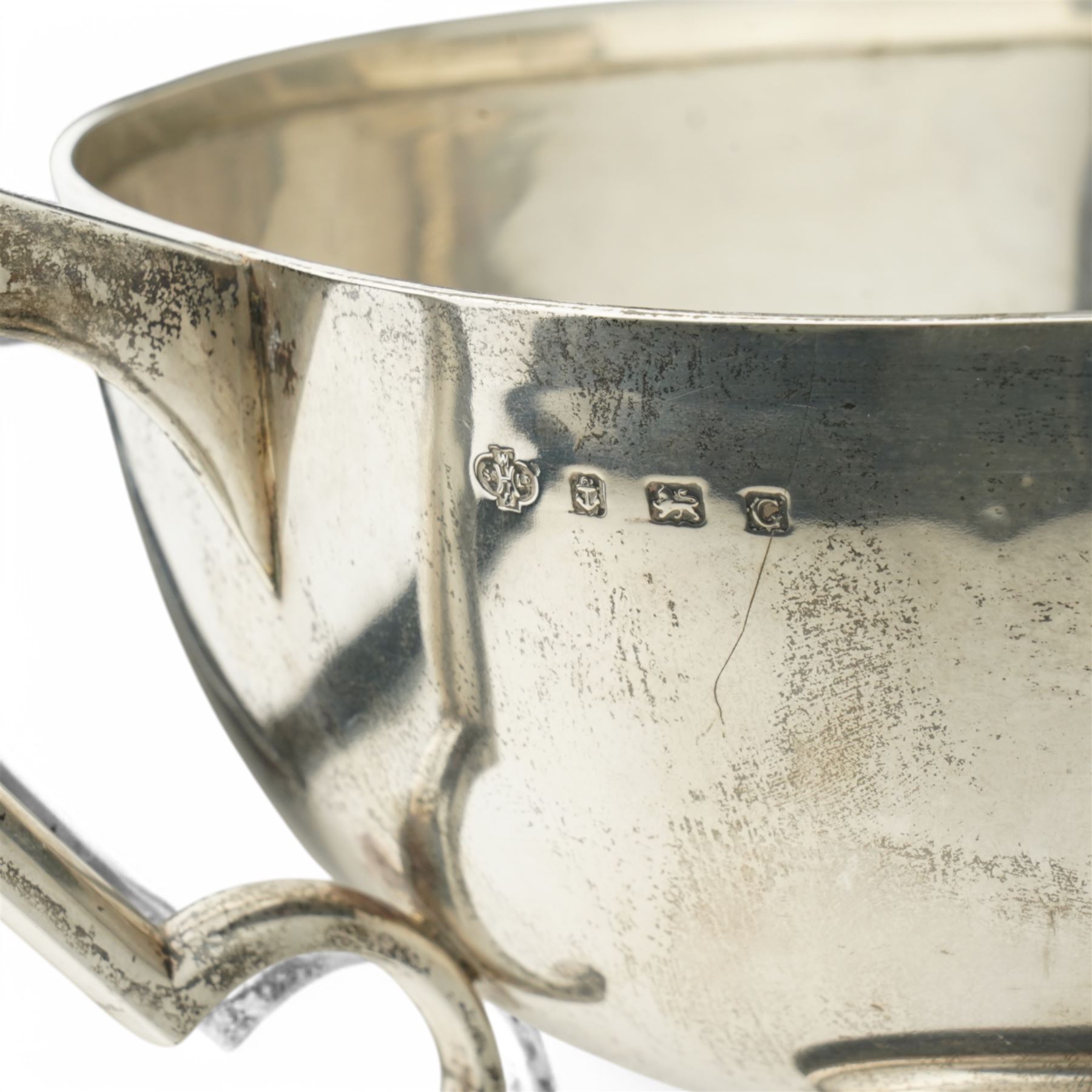  'Bramham Moor Hunt Point to Point Steeplechases' - A two handled silver cup presented by H.R.H. The Princess Royal on ebonised plinth D23cm x H23cm excluding plinth, Birmingham 1931 Maker William Hutton & Sons Ltd