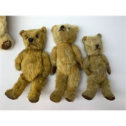 Five English teddy bears c1930s-50s comprising Chad Valley with swivel jointed head, glass eyes, vertically stitched nose and mouth and jointed limbs with rexine pads H16