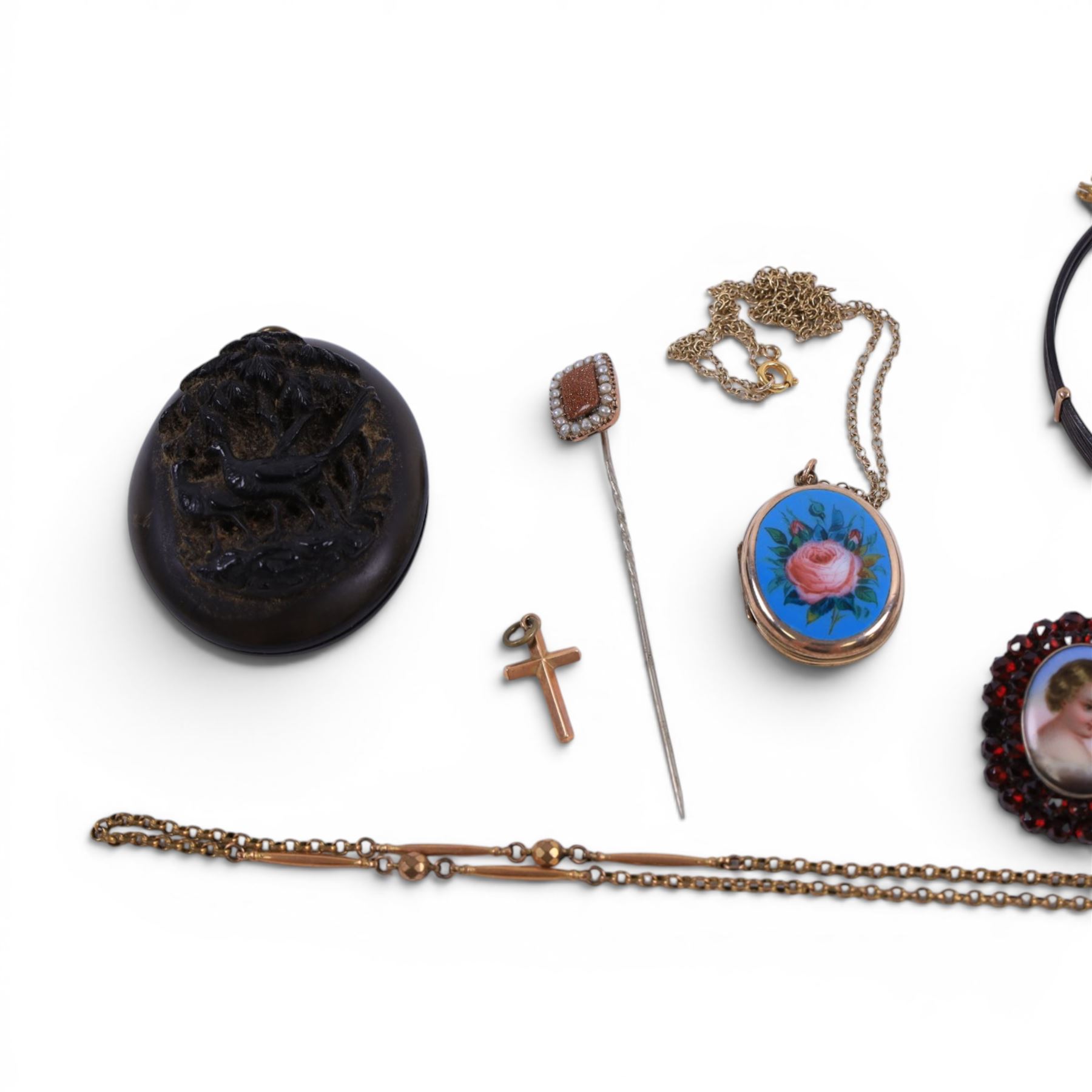 Victorian and later jewellery, including elephant hair bracelet with 9ct gold mounts, carved locket, brooch with putti portrait, 14ct gold cross charm, enamel gilt locket on 9ct gold chain, etc
