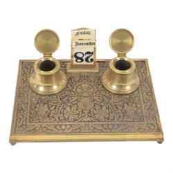 19th century brass inlaid desk stand with perpetual calendar, H7cm 