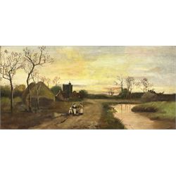 E Chaplin (British 20th century): Figures Meeting Before a Church and Figures Meeting at a Crossroads, pair oils on canvas signed and dated 1922, 29cm x 60cm (2)