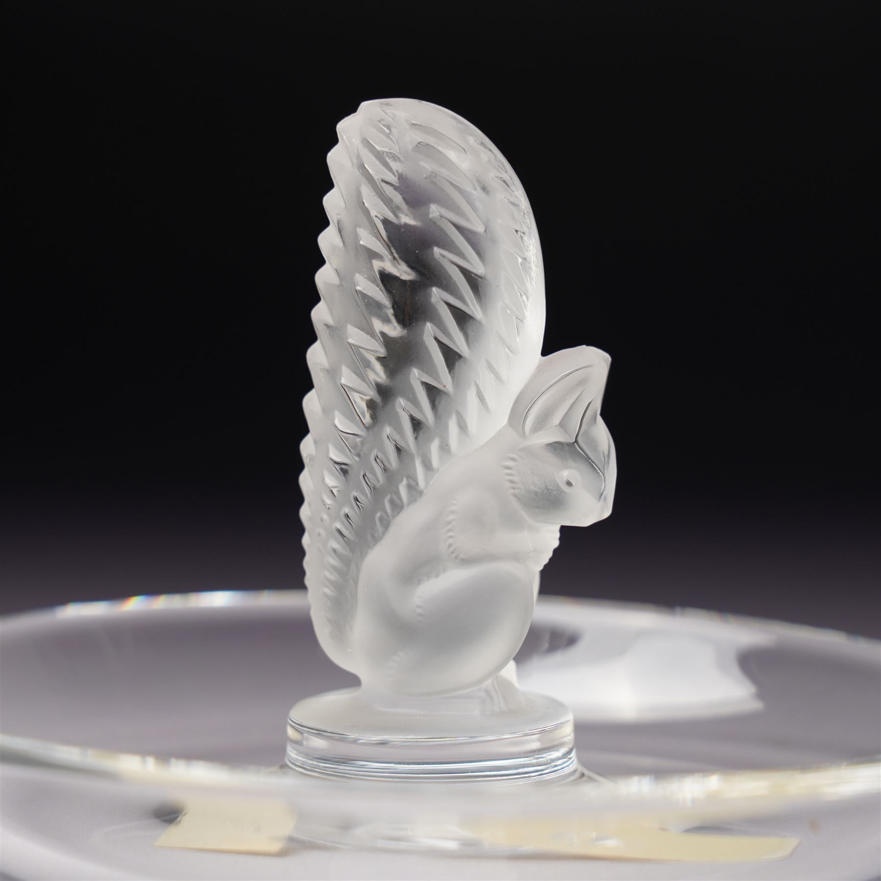 Lalique glass squirrel pin dish, the perched squirrel on a central column, marked Lalique, France, D10cm 