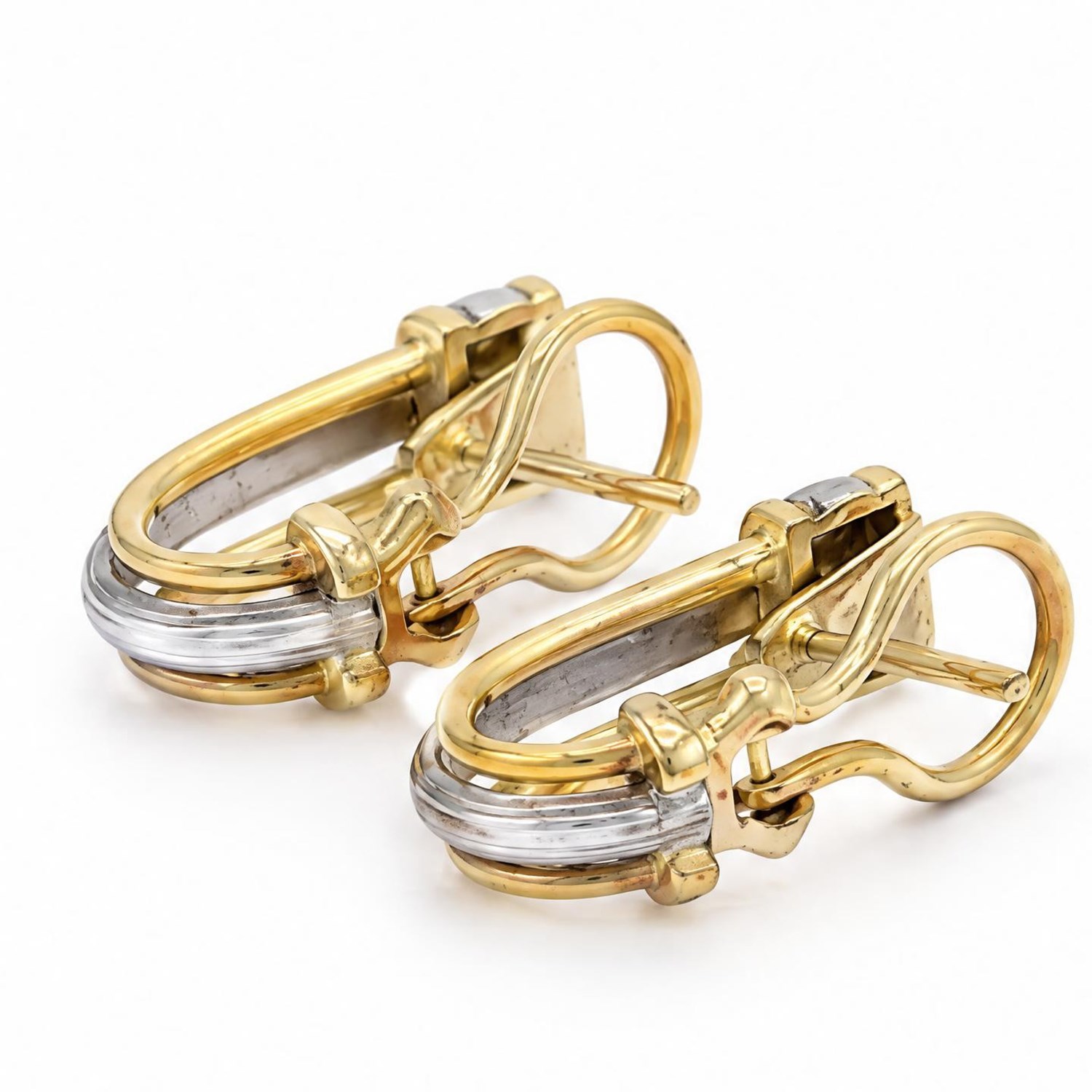 Pair of 18ct white and yellow gold half hoop stud earrings, stamped 18K