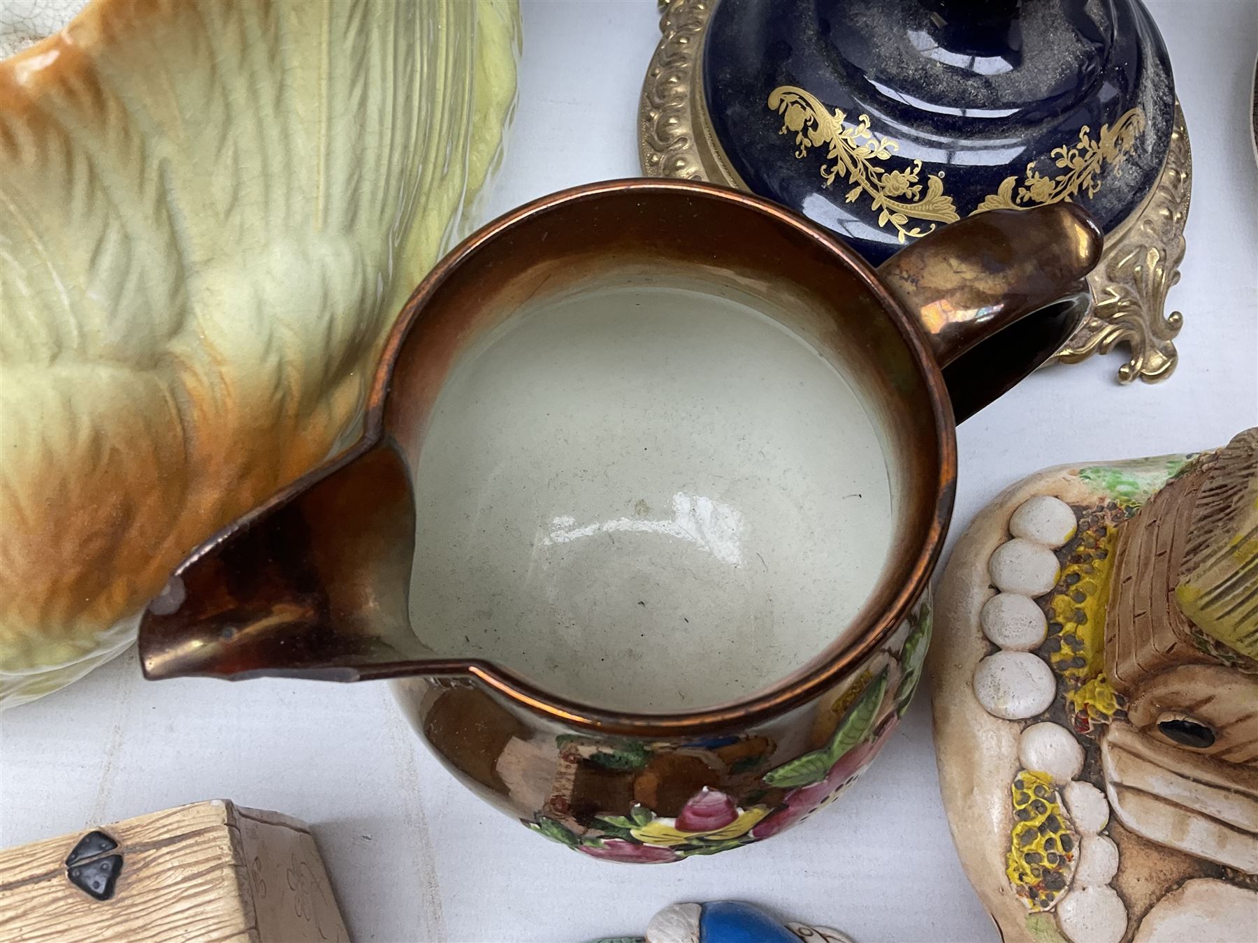 Sevres style vase and cover, the body of baluster form with scrolling gilt metal mounts printed with courting couple scene, together with copper lustre jug and quantity of Royal Worcester Palissy Game Series plates, quantity of Pendelfin figures etc, vase H44cm