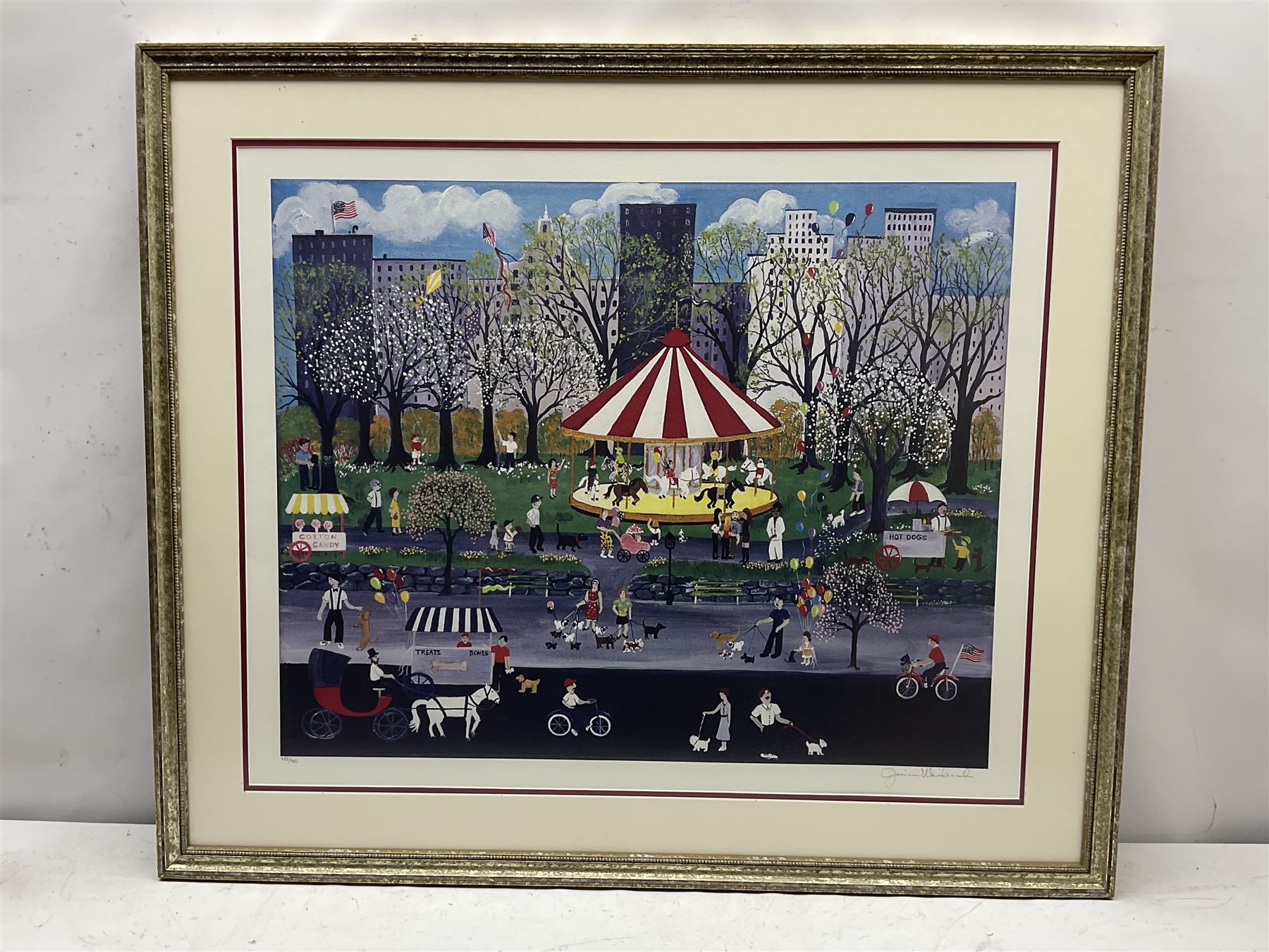 Jessica Wasilewski (American contemporary): 'Pugs in the Park', limited edition colour lithograph signed and numbered 286/400 pub. 2007, 51cm x 63cm