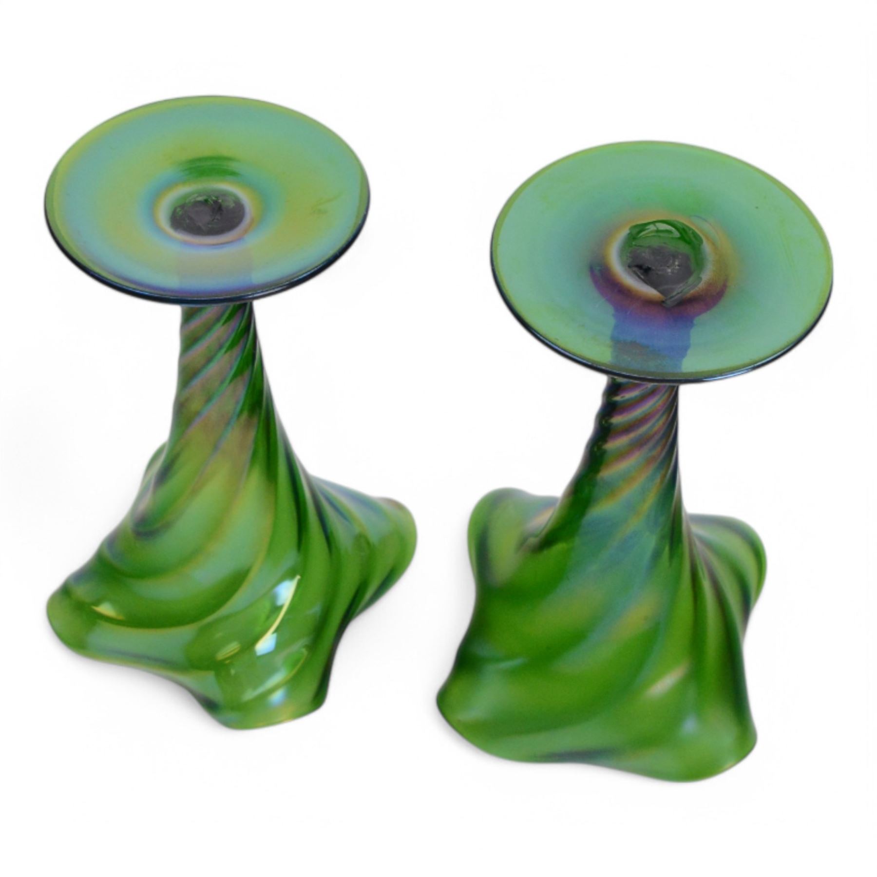 Near pair of art nouveau green iridescent glass vases with twisted stem and fluted rim, H15cm