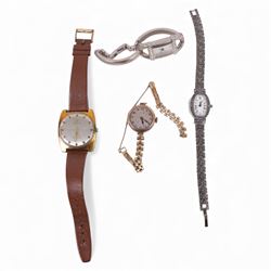 9ct gold manual wristwatch, on gilt strap and three other wristwatches