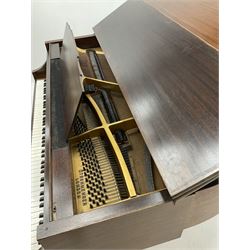 Early 20th century mahogany cased Strohmenger London baby grand piano, demi lune shape, over strung cast iron framed, raised on square tapered supports and castors 