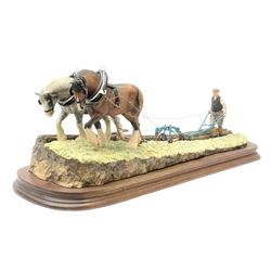 Border Fine Art group titled 'Stout Hearts' depicting a farmer with a plough pulled by two horse, L47cm including base