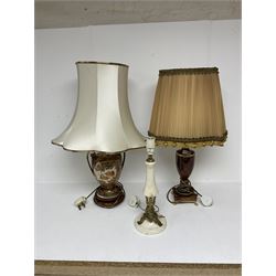 Three table lamps to include oriental style ceramic example, pink marble lamp of urn form and gilt metal mounted lamp, two with shades