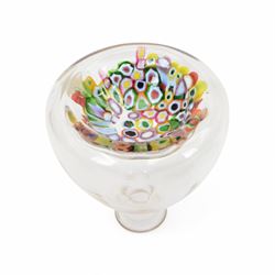 Millefiori glass bowl, upon a circular base, together with a glass bottle with millefiori base and four others 