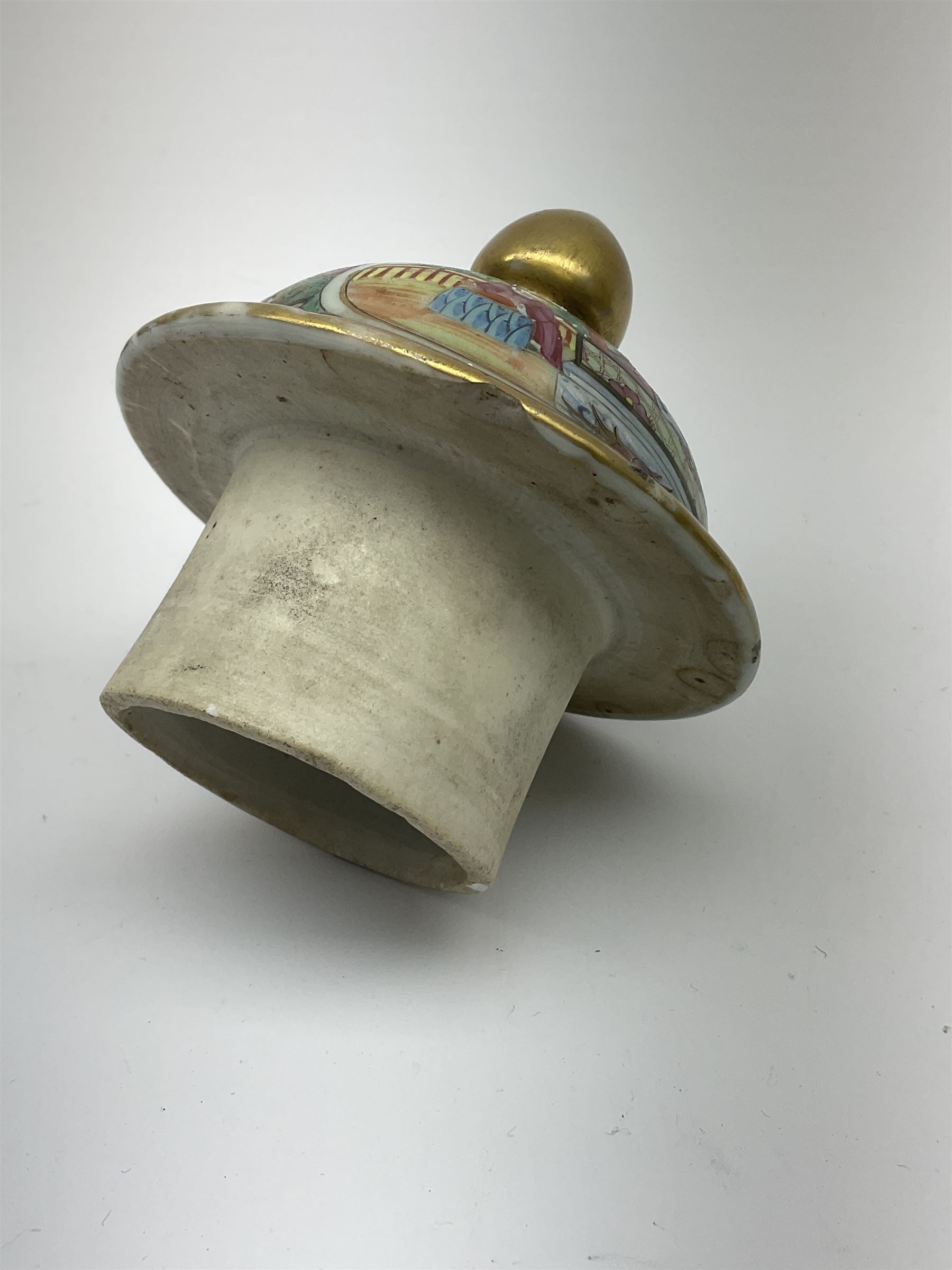 A 19th century Chinese Canton Famille Rose vase, of globular form with tall neck, and cover with finial, decorated with alternating panels of figural scenes, and birds and butterflies amongst blossoming and fruiting trees, with foliate surround against gilt, overall H57cm. 