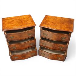 Pair of Georgian design figured elm serpentine bedside chests, moulded top raised on bracket feet