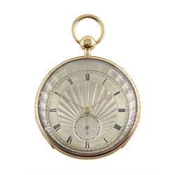 18ct gold open face key wound quarter repeating Swiss lever pocket watch by Garni en Pierre, No. 5090, the gold dust cover inscribed 'Echappement Libre a Ancre', plunge repeat in the pendant, silver engine turned dial with Roman numerals and subsidiary seconds dial