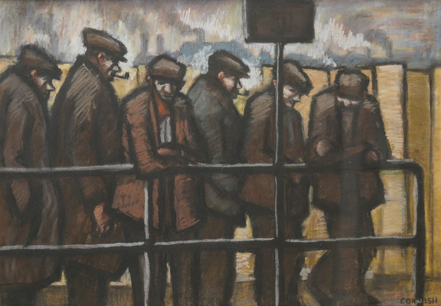 Norman Stansfield Cornish (Northern British 1919-2014): Factory Workers Smoking at the Bus Stop, pastel on paper signed 40cm x 58cm