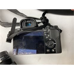 Sony Alpha 7R ILCE-7R camera serial number 3985636, with a 'Carl Zeiss Sonnar FE 1.8/55 ZA' lens, 'FE 28mm F2' lens, Sony Handycam Cyber-Shot HVL-F43M, all with original boxes, together with a Manfrotto camera bag  