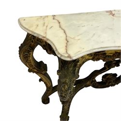 French Rococo design console or pier table, shaped and moulded pale marble top, the apron carved with pierced shell and scrolling acanthus leaves, extending flower head decoration, on four acanthus carved cabriole supports with scrolled terminals, united by shell moulded stretcher rails with central scrolled foliage cartouche 