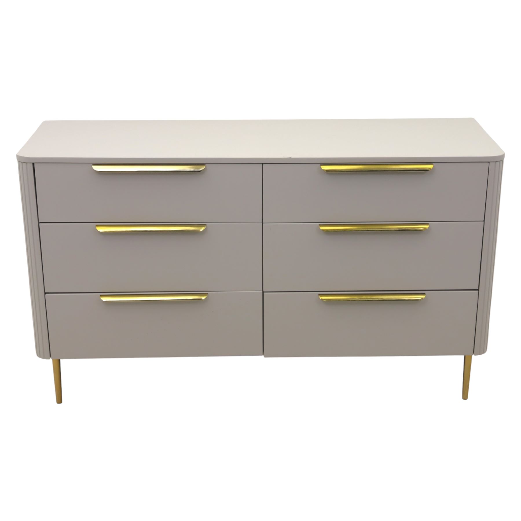 Made.com - 'Ebro' grey six drawer chest, gold painted metal shaped handles, rounded corners with fluted detail, raised on gold painted metal tapered supports