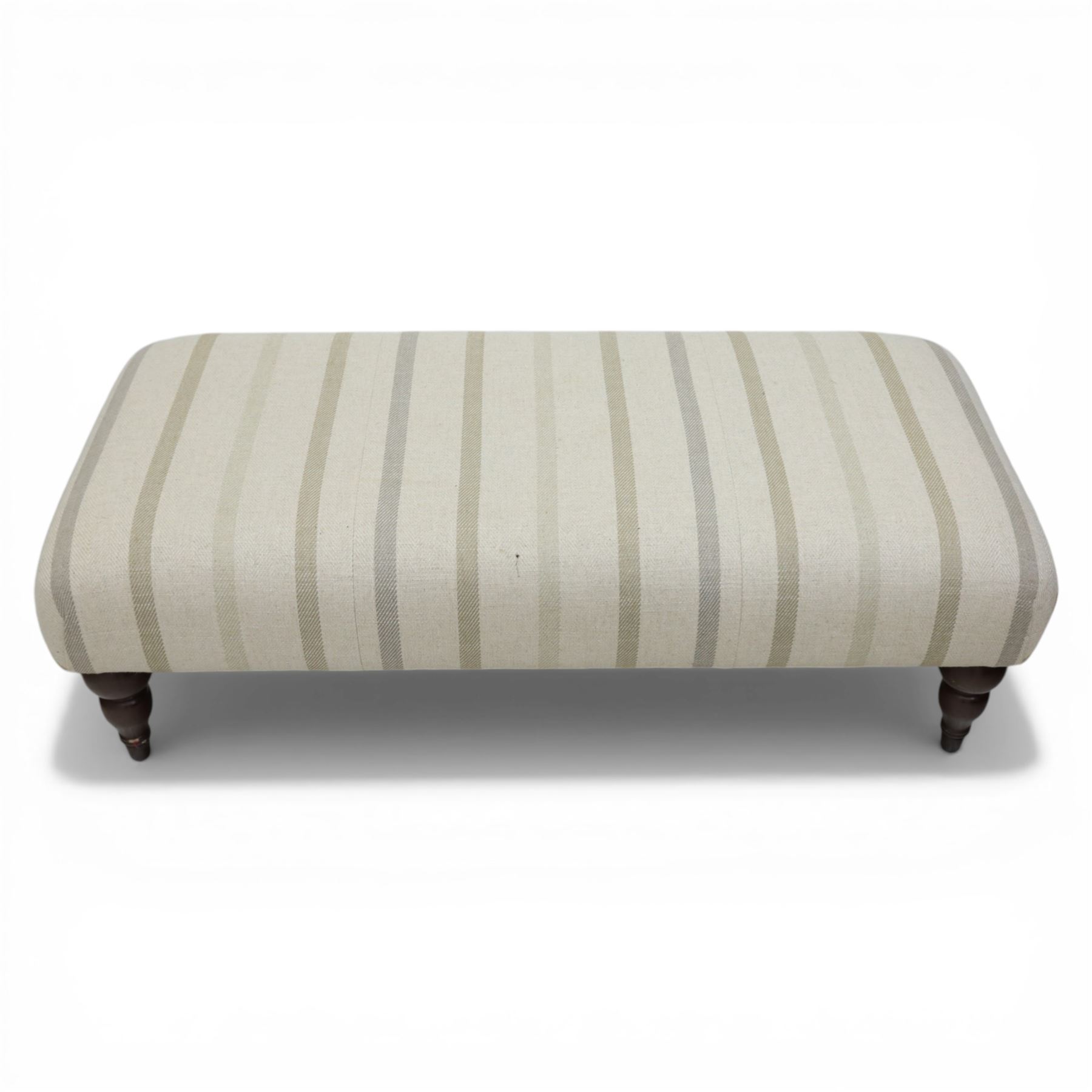 Footstool upholstered in striped fabric, with turned dark stained tapered feet
