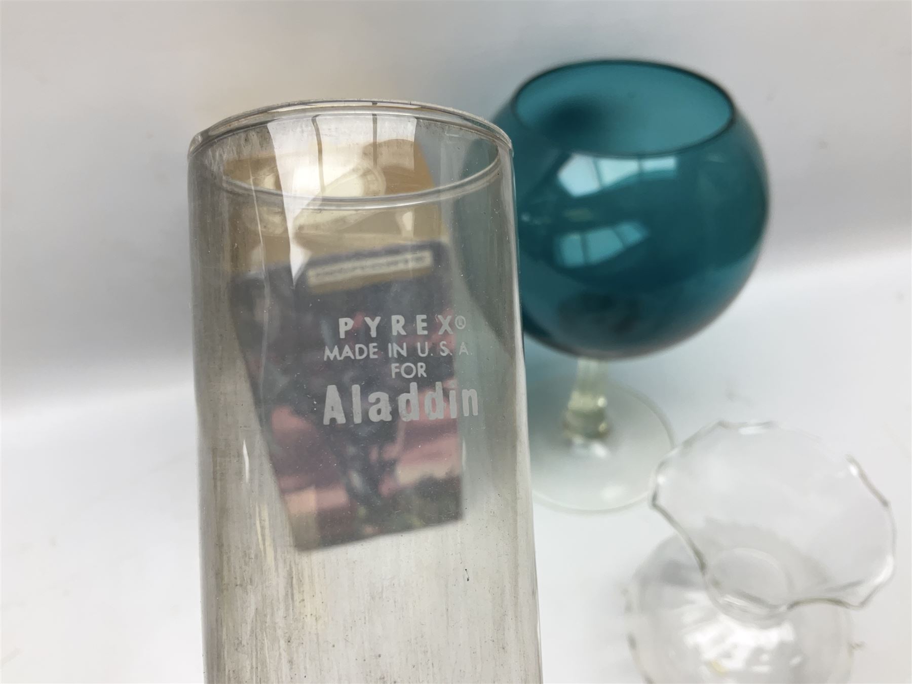 Val St. Lambert cut glass twin branch candelabra, signed beneath, together with quantity of other glassware to include decanters, etc