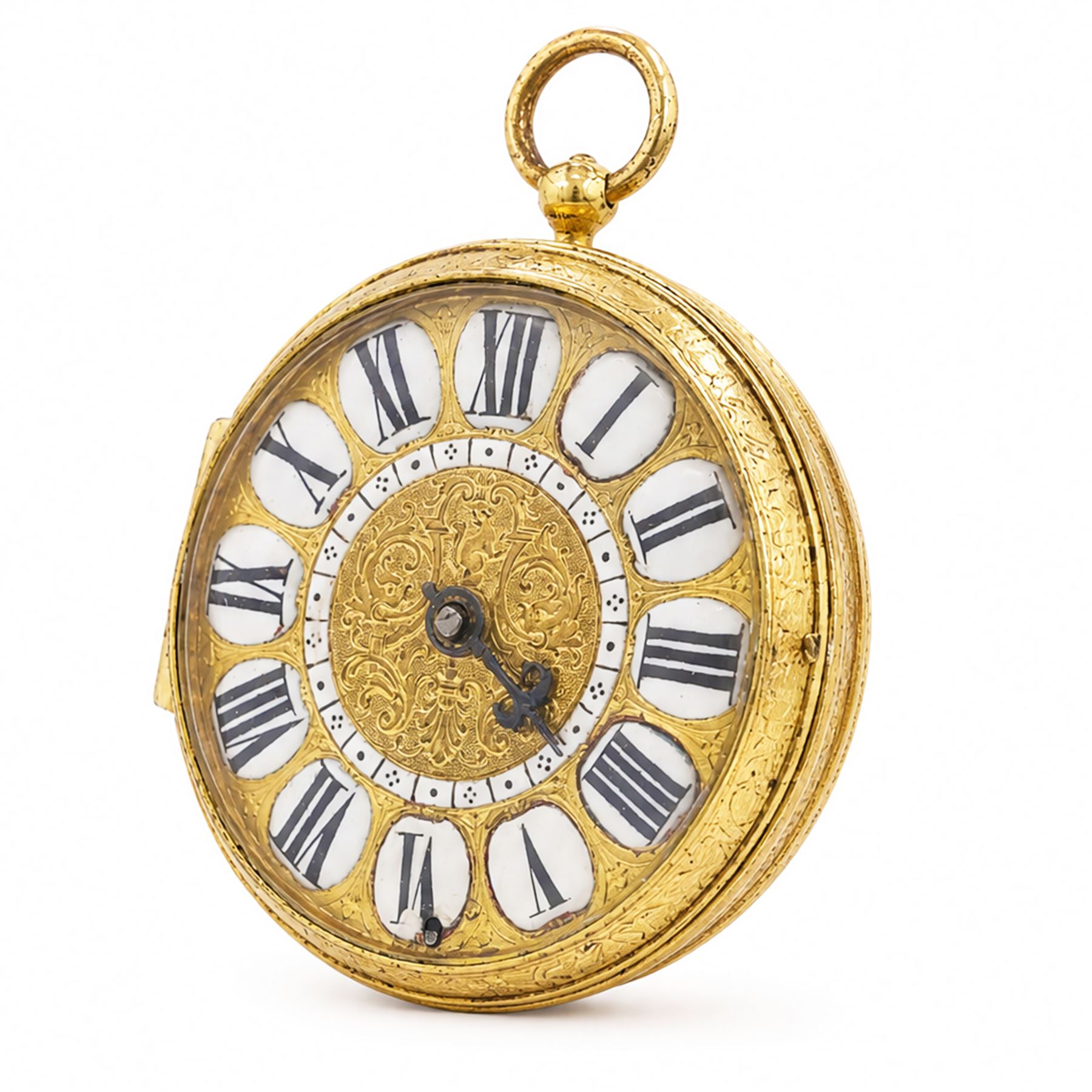 18th century French open face gilt verge fusee pocket watch by Jacques Panier, Paris, Egyptian pillars and pierced balance cock, embossed gilt dial with enamelled Roman numerals cartouches and inner enamel quarter hour track ring, the repousse back case decorated with angels in a classical setting
