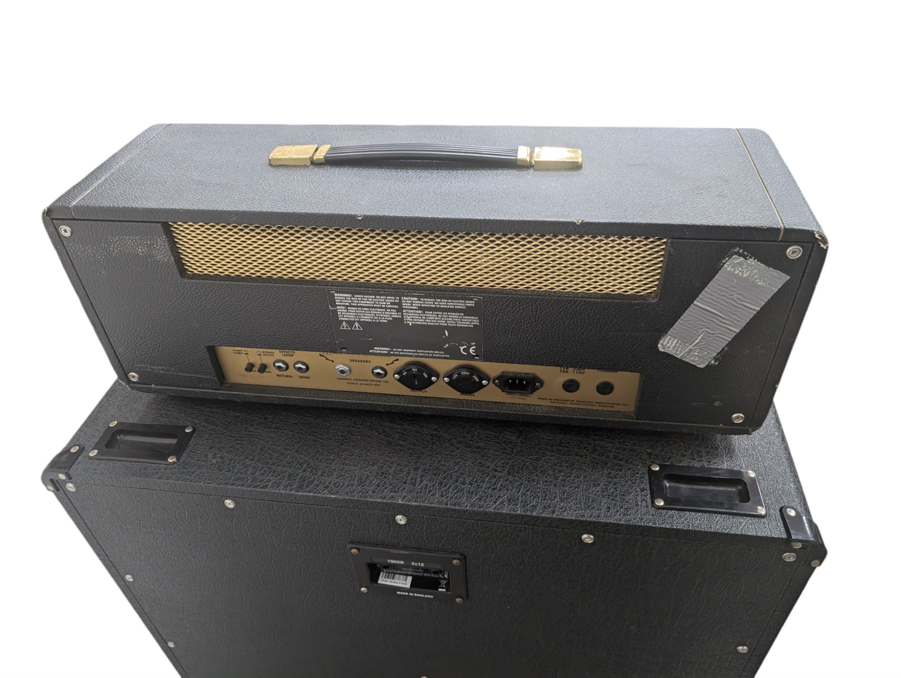 Marshall 1987X 50 watt plexi guitar amplifier head with master volume modification (screwdriver control on back), together with a Marshall 1960 4 x 12 speaker cabinet on casters, head H25cm, W65cm, cab H83cm, W76cm