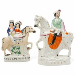 Collection of Staffordshire figures, to include a pair depicting Princess Victoria Adelaide Mary Louise, later Empress of Prussia and her brother King Edward VII as children riding goats, and others comprising Colonel Peard, Returning Home and Potash Farm (5)