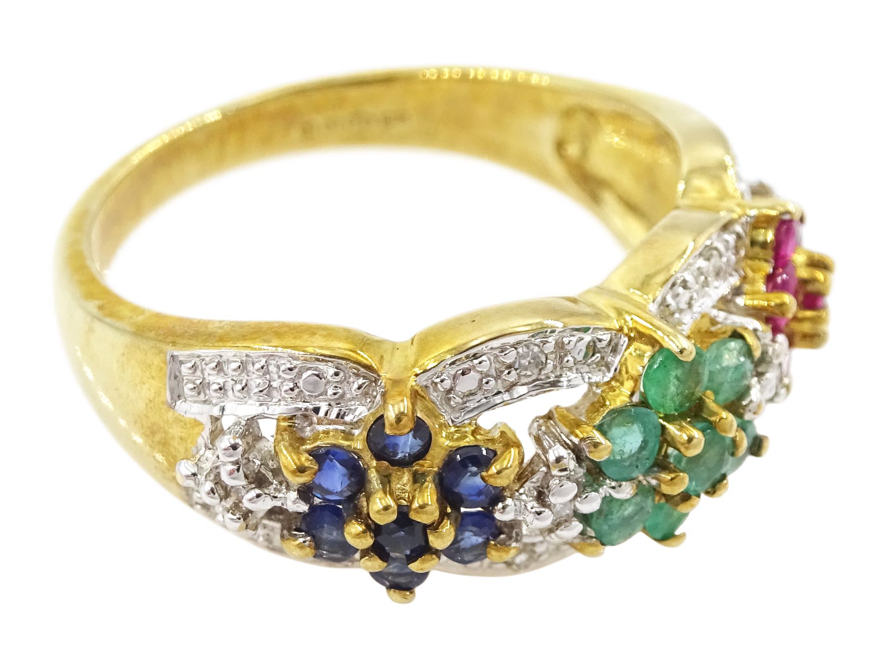 9ct gold multi gemstone set flower head ring, three ruby, sapphire and emerald clusters, with diamond set surround, hallmarked