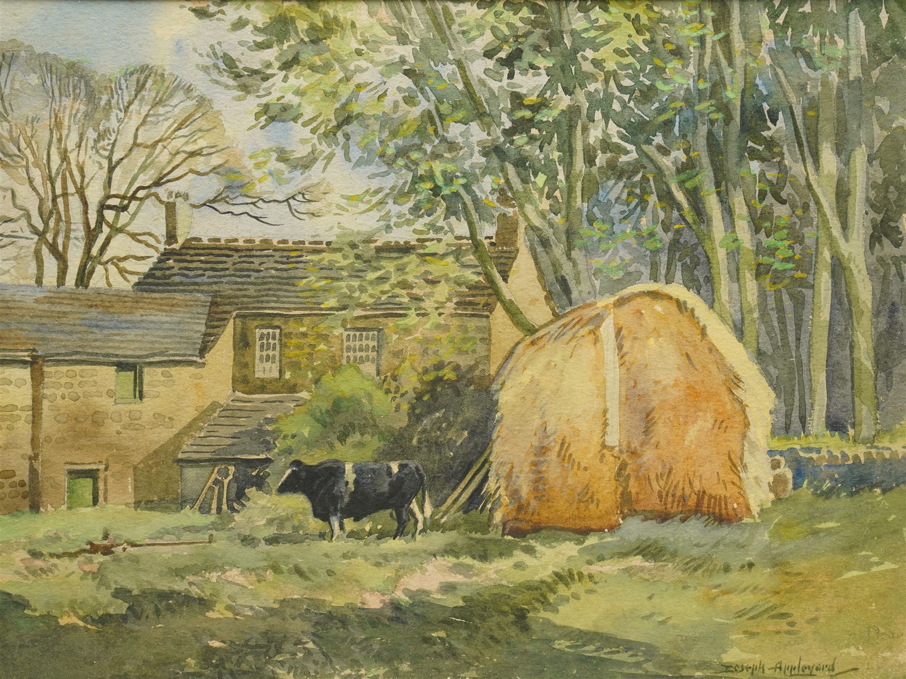 Joseph Appleyard (Yorkshire 1908-1960): Prize Bull and Haystack, watercolour signed 28cm x 37cm