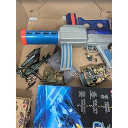 Collection of toys, including Matchbox Old Mother Hubbard's shoe, Tomy Zoids Blade Liger, Air Hogs radio controlled helicopter, diecast tanks etc, 
