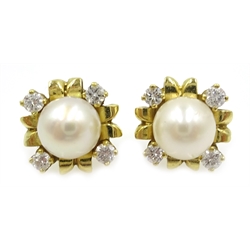  Pair of gold pearl and diamond stud ear-rings, stamped 18ct   