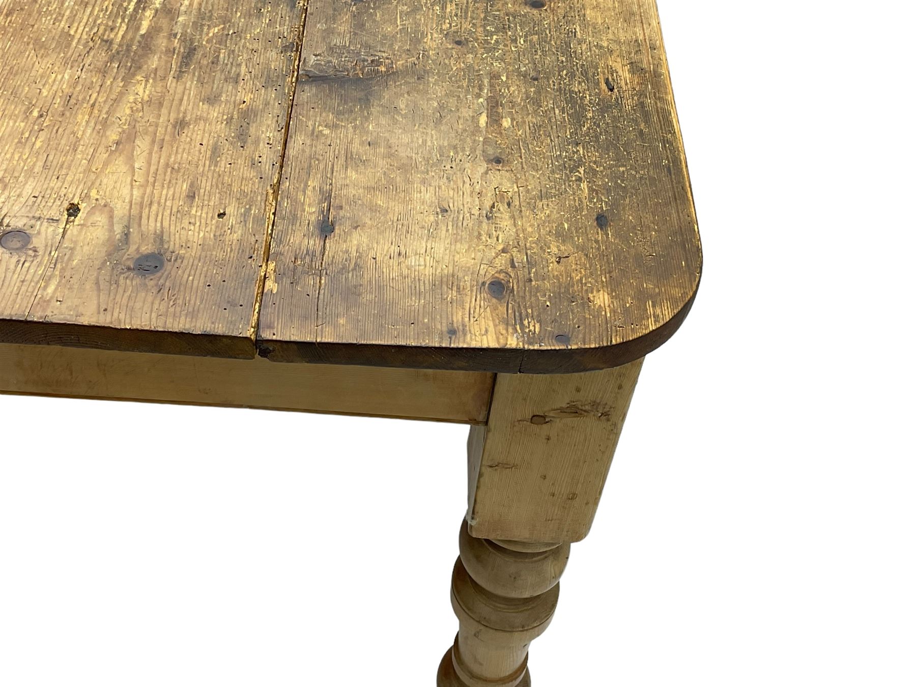 Victorian pine farmhouse dining table, rectangular plank top with rounded corners, on turned supports 