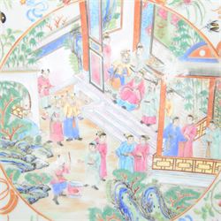 19th century Chinese Canton export celadon ground famille rose charger, of circular dished form decorated with a central panel of figures in a court setting, within a border of blossoms, birds and butterflies, D34.5cm