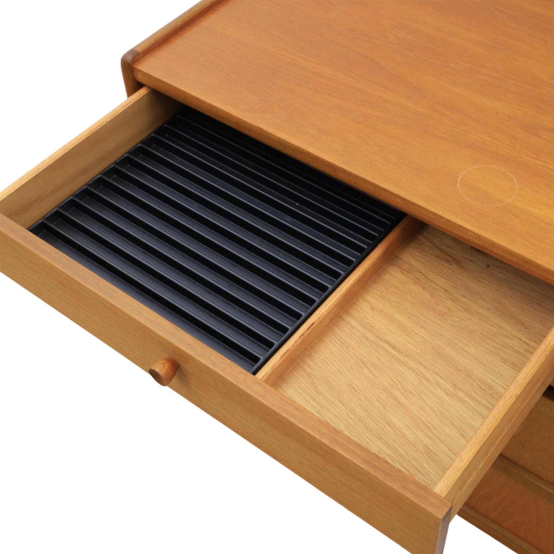 Nathan - 'Squares' low media sideboard, rectangular top over two drawers, above signature square panelled cabinet doors revealing storage for records, on a recessed base