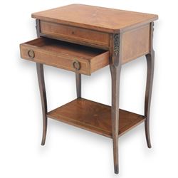 20th century French kingswood inlaid worktable, hinged top with divided compartment, above a single frieze drawer with brass pulls, gilt mounted tapered supports united by and undertier