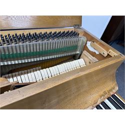 Louis Zwicki - mid-20th century oak cased compact piano, fitted with a folding music rest and full keyboard, dual brass pedals