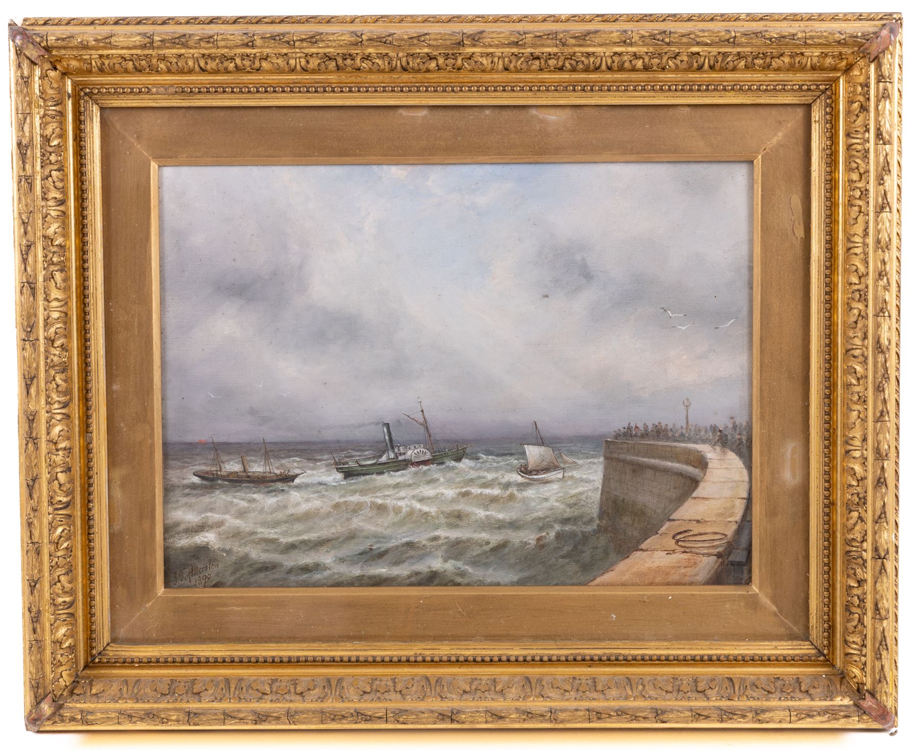 John Taylor Allerston (British 1828-1914): Watching the Boats from the Sea Wall. oil on canvas signed and dated 1890, 26cm x 36cm