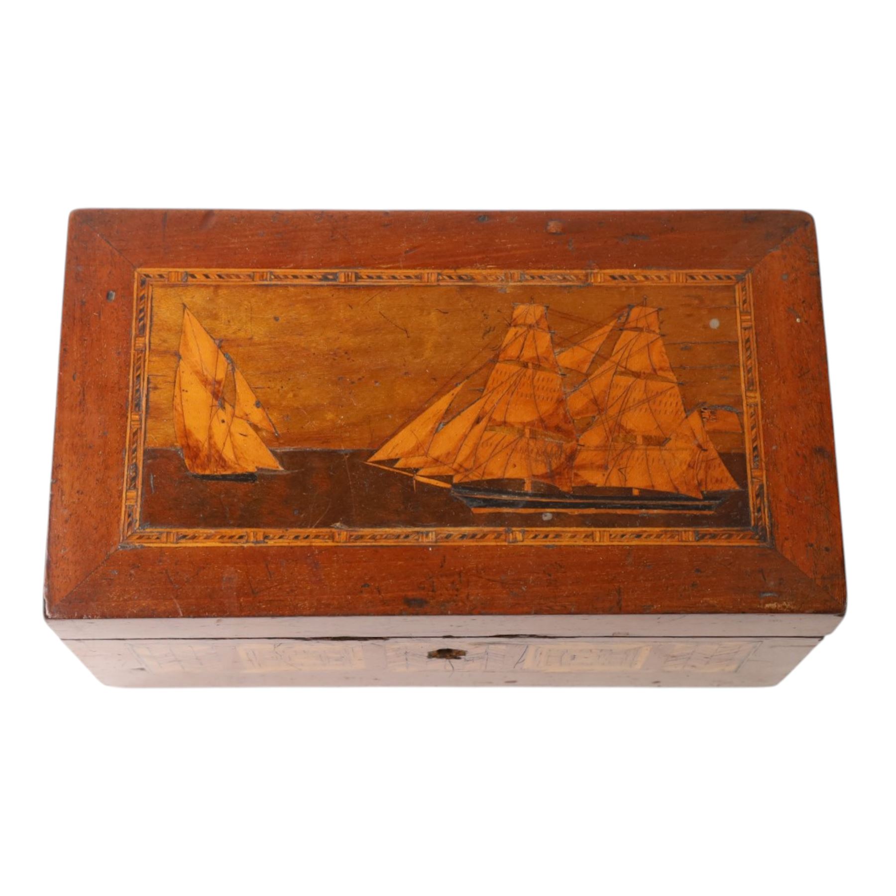 19th century satin wood marquetry inlaid correspondents box, the lid with inlaid three-masted sailing ship, opening to fitted compartments,  H1cm, L21cm, D12cm
