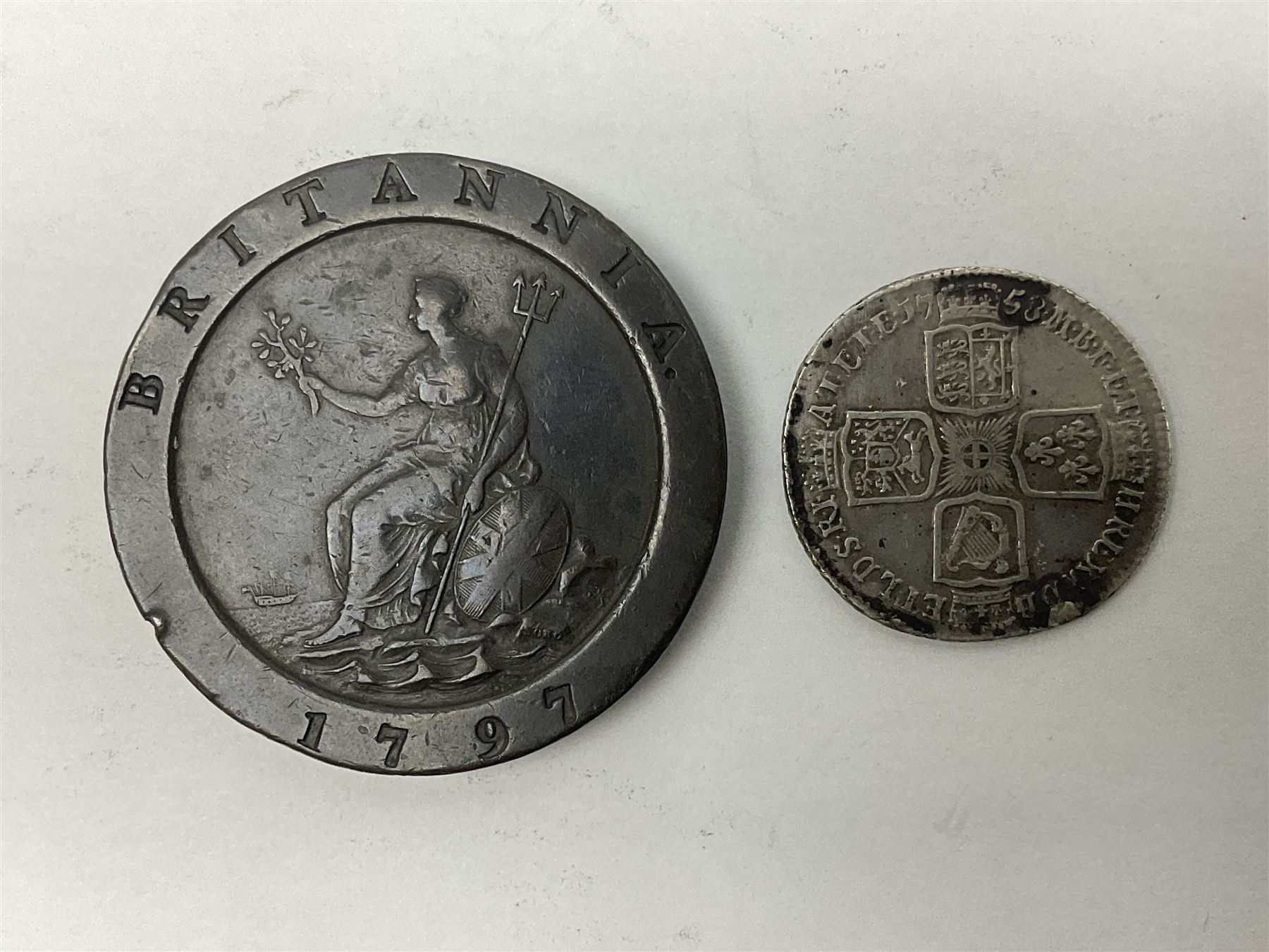 George II 1758 shilling and George III 1797 cartwheel twopence coin