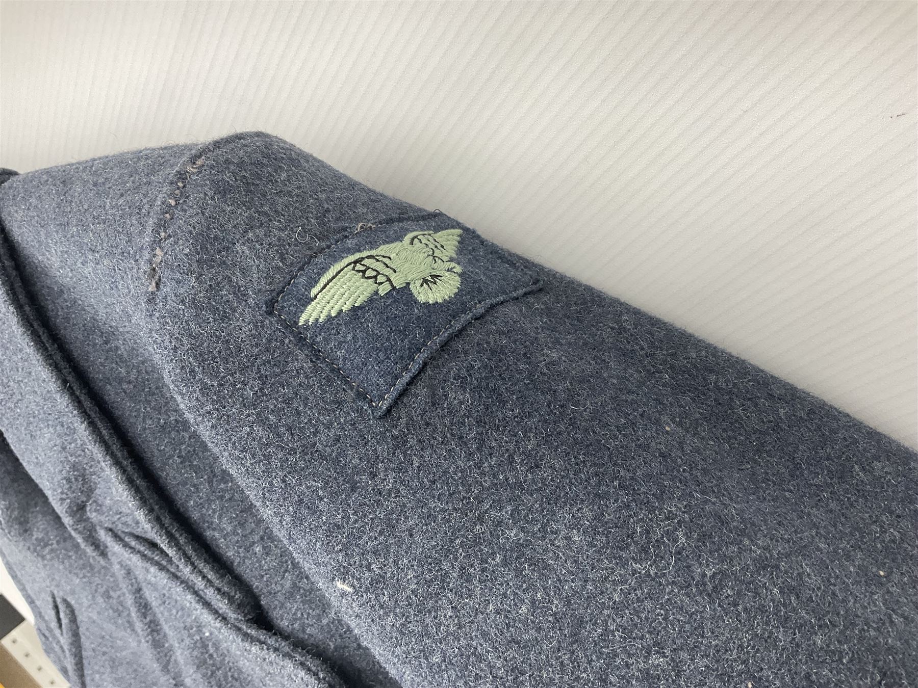 Two post-WWII British Army No.2 Dress tunics, one with Green Howards buttons; army shirt dated 1951; Royal Fleet Auxilliary jacket with trousers; three RAF/WAAF uniforms and RAF Greatcoat; and three canvas/webbing bags, two dated 1943 & 1945