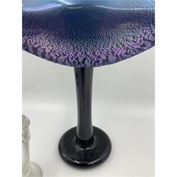 20th Century studio glass Okra Jack in the Pulpit vase, in deep blue with silvered trails, engraved signature, to base, together with David Wallace studio glass opalescent bottle and stopper and vase, Okra vase H30cm