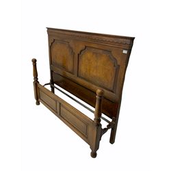 Mid 20th century figured oak bedroom furniture, comprising chest, fitted with five drawers; dressing table and double bedstead