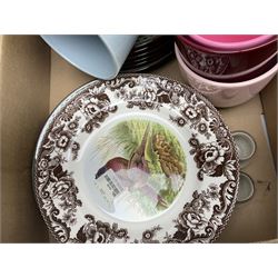 Four large meat platters, Royal Worcester Bunnykins mug and a large collection of other ceramics, including vases, dinner plates, teawares, etc, in five boxes 
