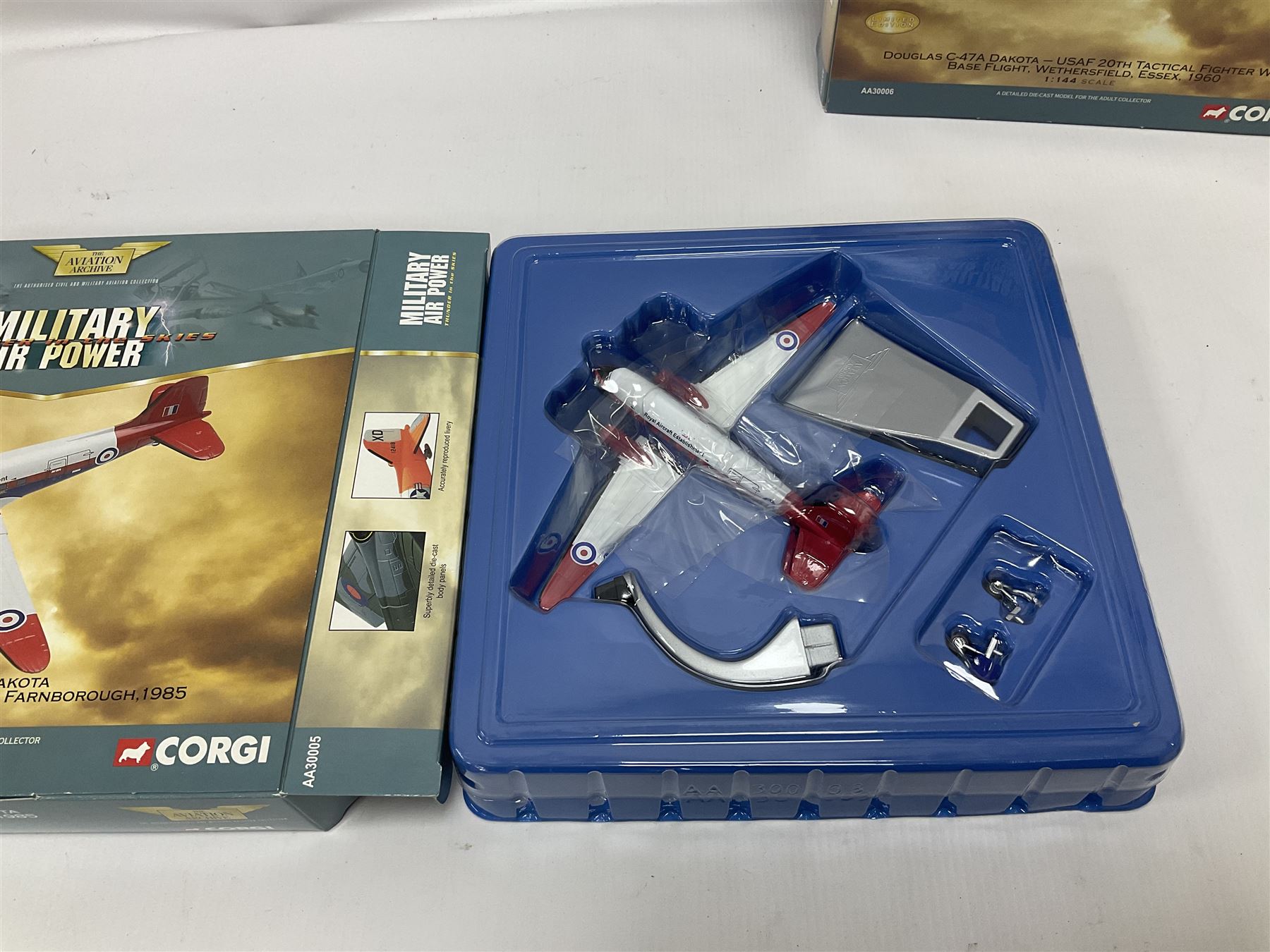 Corgi - Aviation Archive, five ‘Military Air Power’ 1:144 scale models comprising first issue 47509 Lockheed C-121A Constellation Mats; limited edition 48604 Bristol Britannia 253/CMK1 XM-496 Royal Air Force Transport Command limited edition no.1863/2700; two limited edition Thunder in the Skies models AA30005 Douglas C-47 Dakota no.1093/1900, and AA30507 Vickers V.838 Viscount no.1366/1500; limited edition AA30006 Modern Era Douglas C-47A Dakota - USAF 20th Tactical Fighter Wing no.639/1400; all boxed 