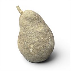 Pair of weathered cast stone garden models of fruit, in the form of an apple and pear