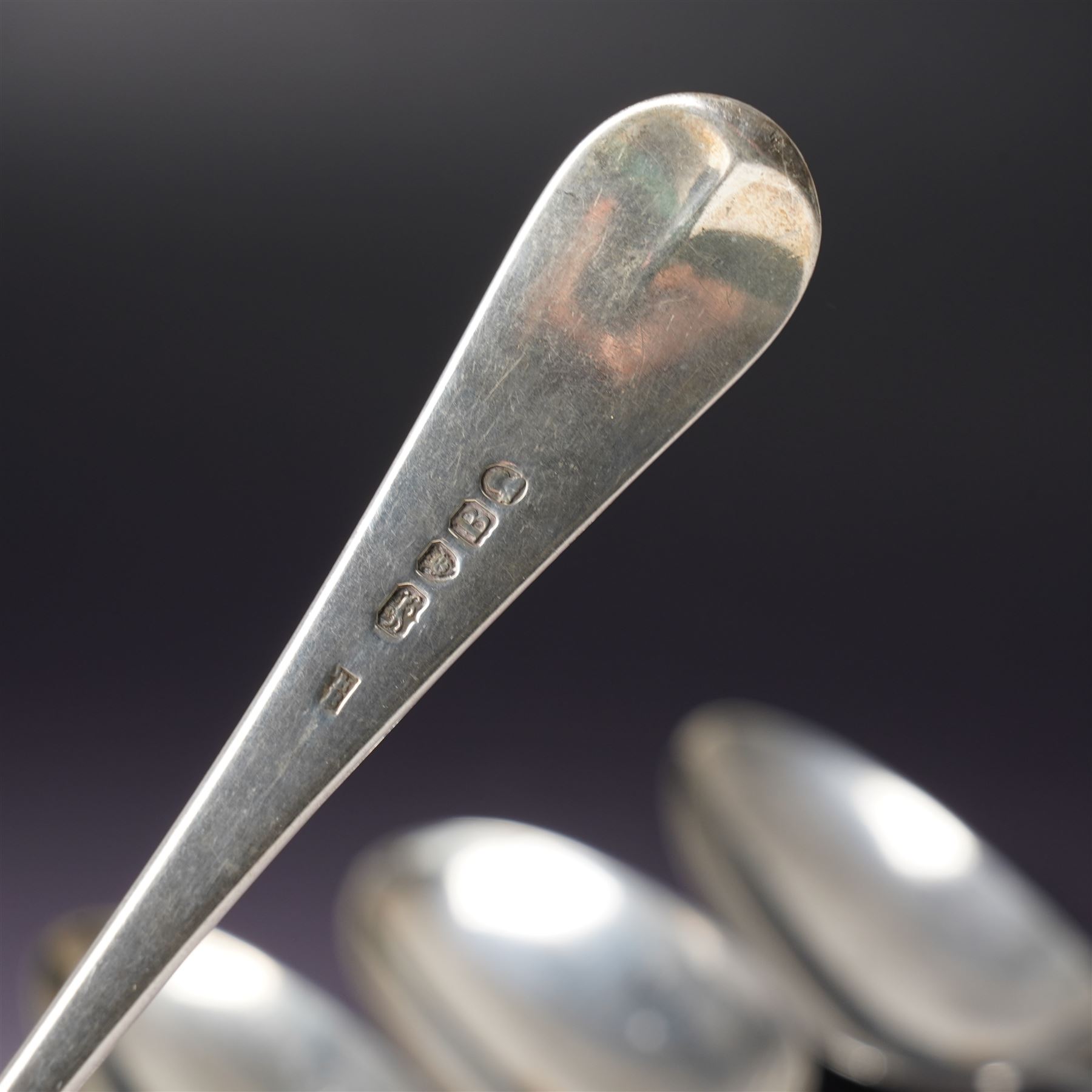 George III silver bright cut table spoon London 1781 Maker Hester Bateman, another London 1782 Maker Thomas Wallis I and three others (5)