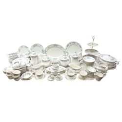 Extensive Richmond Blue Rock pattern part tea and dinner service, to include seven dinner plates, nine smaller plates, three lidded twin handled tureens, two teapots and two coffee pots, eleven bowls, cake stand, six twin handled soup bowls and saucers, six teacups, four coffee cups, milk jugs, sucrier, cake plate, salt and pepper shakers, other plates, dishes, bowls, side plates and many spares etc