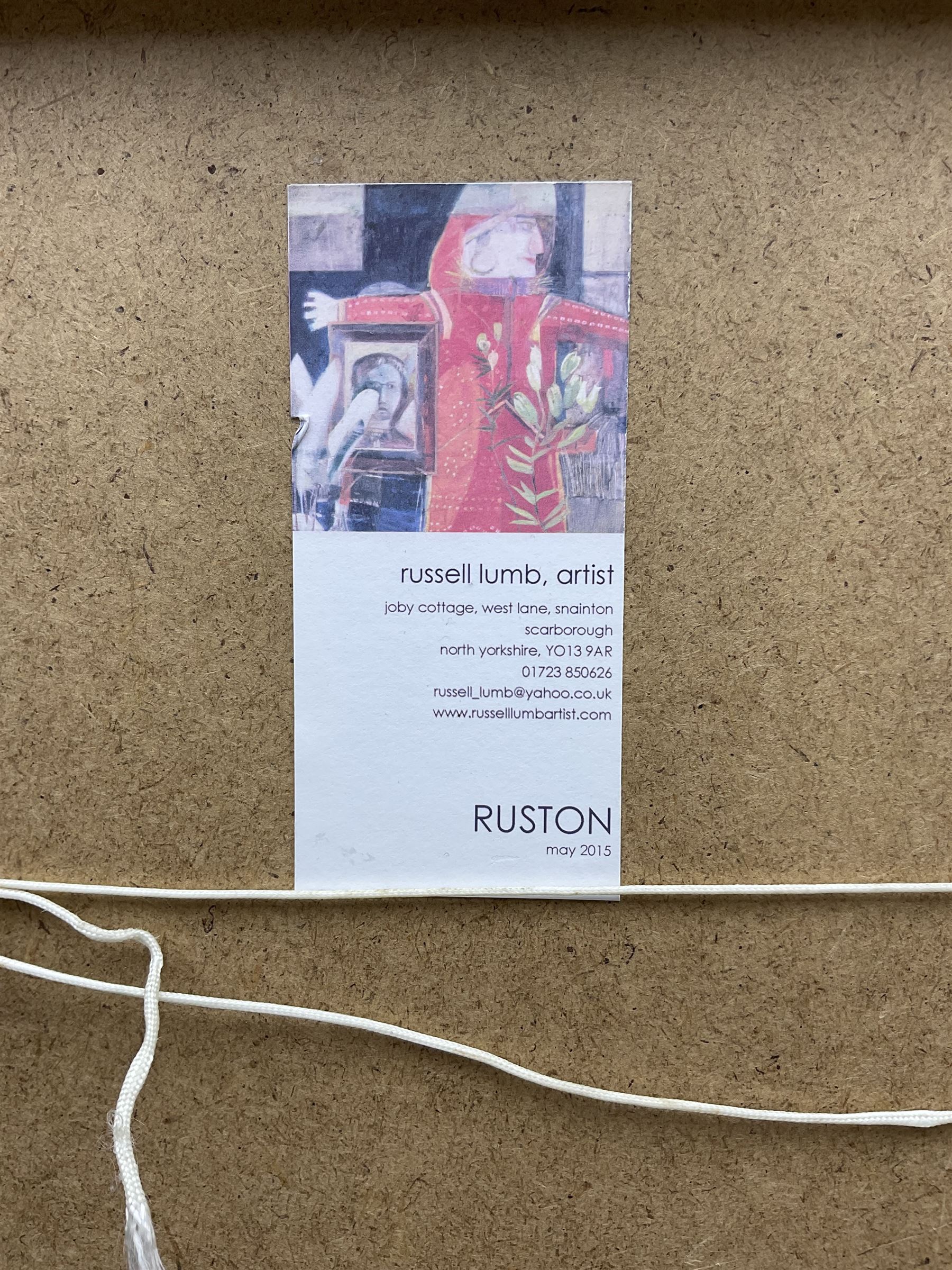 Russell Lumb (British 1946-): 'Ruston' near Scarborough, mixed media semi-abstract map titled signed with monogram and dated '15, artist's address label verso 34cm x 29cm