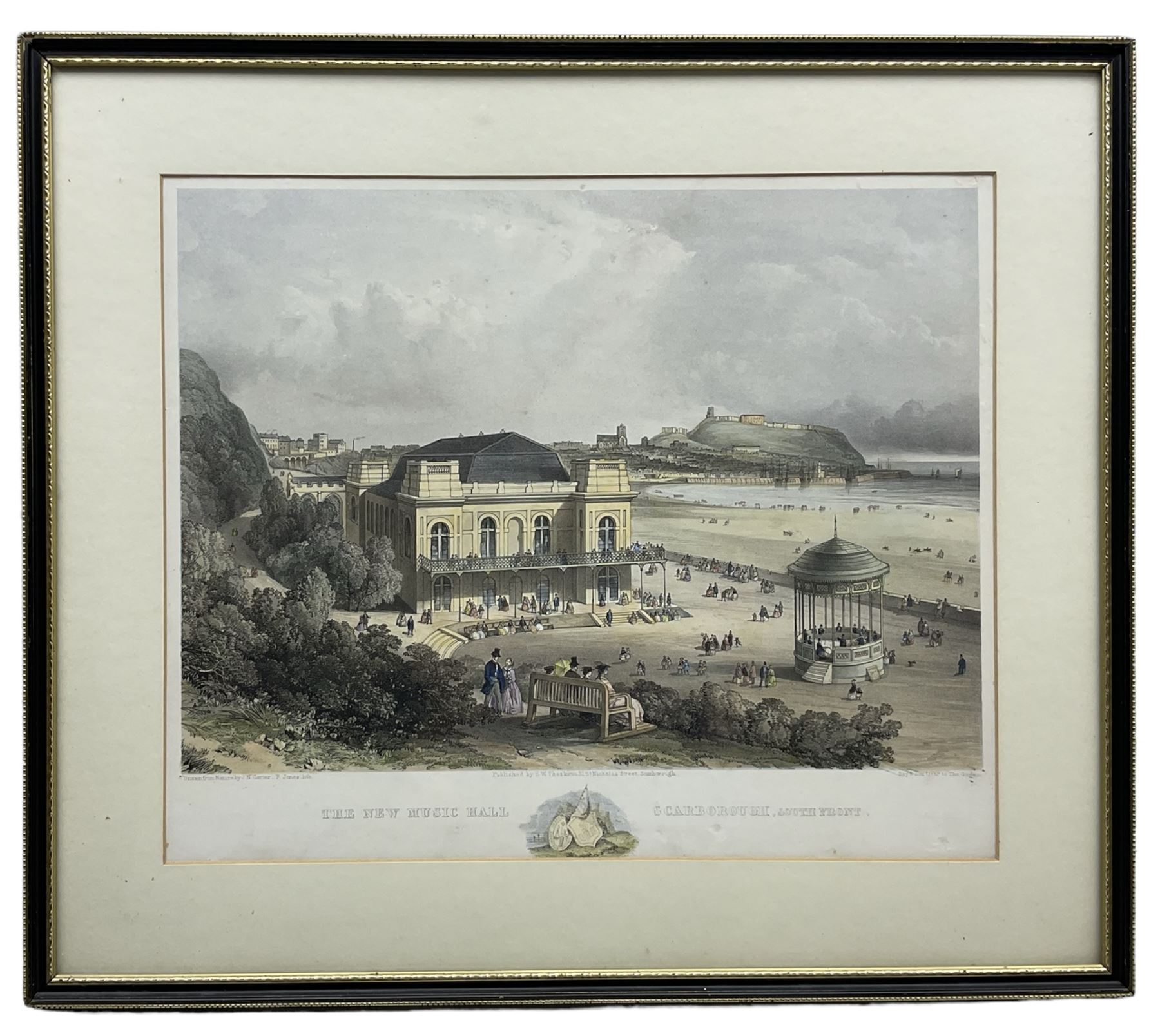 Joseph Newington Carter (British 1835-1871): 'The New Music Hall Scarborough, South Front' - View of The Spa, pencil ink and wash signed and inscribed 'Drawn from Nature 1859', 25cm x 35cm 
Provenance: private local collection, purchased Walker Galleries, Harrogate 1997, label verso 
Notes: a rare and important JN Carter original drawing for a later lithograph by F Jones, printed by Day & Son, pub. SW Theakston - sold together with an example of the lithograph 26cm x 35cm (2)