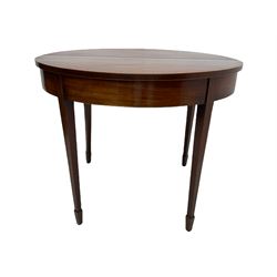 George III mahogany tea table, demi-lune fold over top, double gate-leg action base, square tapering supports with spade feet